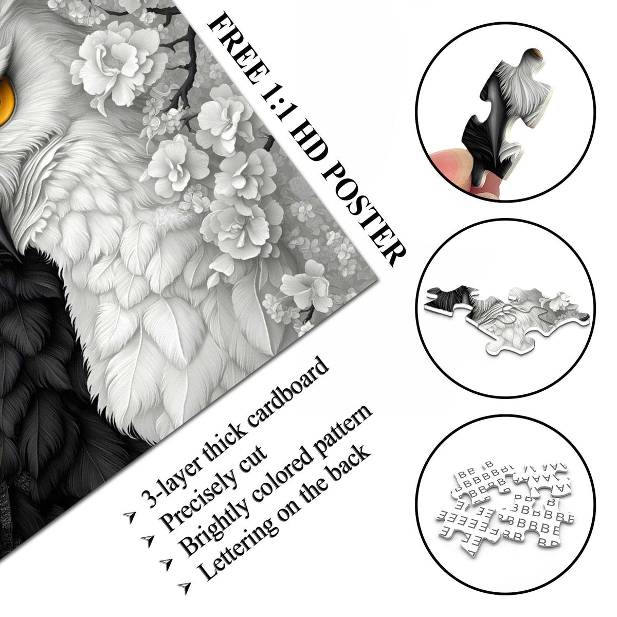 Black and White Owl Wooden Jigsaw Puzzle 1000 Pieces
